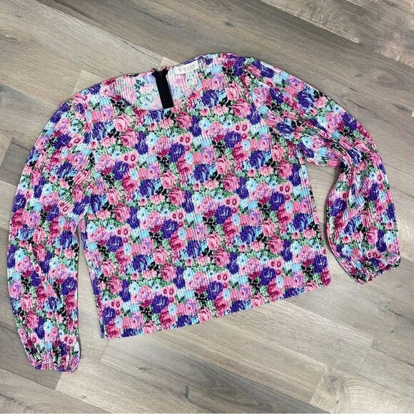 Wayf Floral Accordion Stretch Blouse Shirt Purple Blue Large - Picture 14 of 16